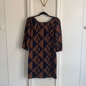 Navy and brown printed shift dress with back zipper